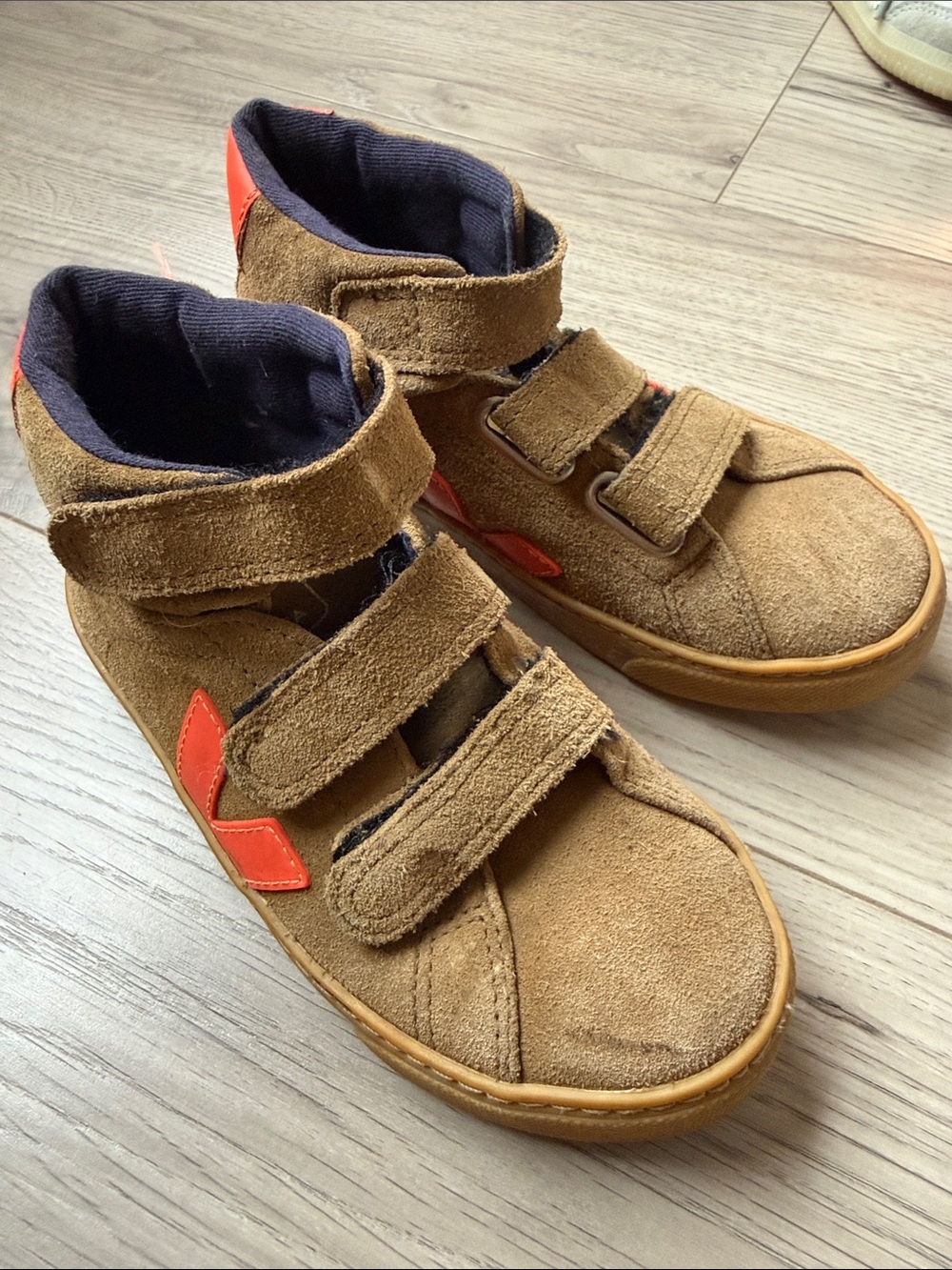 Veja Kids Brown Suede High-Top Sneakers with Orange Accent